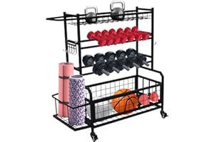 ALNEMY Aufbewahrungsregal für Sportgeräte mit Rädern,Yoga Matte Regal, Verstellbarer Hantelständer, Zuhause Fitnessgeräte Organizer für Yogamatten,Hanteln, Kettlebell,Schaumstoffrolle, Hantelablage
