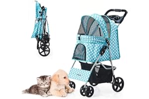 Nastarki Hundewagen Faltbarer Hundebuggy Hundebox Transporttasche bis 15 Kg Haustier Buggy mit Netzfenstern Haustier Transportwagen Hunde Jogger Buggy Katzen Wagen (Blau weiß gepunktet)