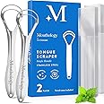 Mouthology Tongue Scraper (2 Pack) Dual Scraping Head, Reduce Bad Breath (Travel Cases Included), Stainless Steel Tongue Cleaners, 100% Metal Tongue Scrapers Fresher Breath