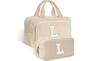 HIQIKU Personalisierte Kosmetiktasche Geschenke für Frauen - Initialen Kulturtasche Damen, Tragbare Groß Make-up Tasche Set, Geburtstagsgeschenk für Frauen Mädchen Schwester Freundin Beige Cord-Kulturtasche