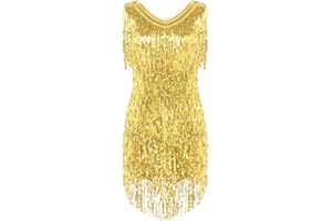 Agoky Damen Ärmellos Pailletten Kleid V-Ausschnitt Glitzer Quasten Partykleid Flapper Kostüm Tanzkleid Samba Tango Latein Outfits