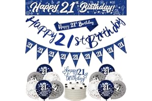 YONTREE 21st Birthday Decorations Blue Silver for Boy Men - Party Supplies for Him, Banner Bunting Sash Confetti Latex Balloons Triangle Flags Cake Toppers
