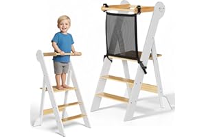 COSYLAND Torre de Aprendizaje Plegable de Madera - 2 Alturas Ajustables, para Niños de 18 Meses a 6 Años, Uso en Cocina, Baño o Habitación Infantil - Blanco/Natural