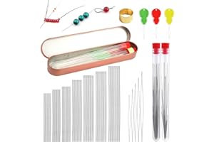 JINSION Juego de 82 Piezas Agujas de Cuentas, 5 Tamaños Ojo Grande Agujas de Abalorios y 70 Piezas Agujas Largas Rectas de Hilo de Perlas, con Botella de Aguja, Enhebrador de Agujas, para Hacer Joyas