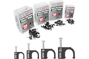 SCREWBOX® Cable Clips, 400 Pcs Durable Black Wire Clips -4/6/8/10mm, Round Nail Clips, 4 Sizes (4mm, 6mm, 8mm, 10mm), Cable Tacks Wire Tidy Clips, Electrical Cable Management Clips