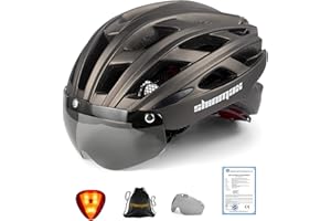 Shinmax Kask rowerowy, certyfikat CE, kask rowerowy ze zdejmowanymi okularami ochronnymi, wizjer dla mężczyzn i kobiet, dorosłych, regulowana ochrona bezpieczeństwa LED tylne światło do deskorolki, jazdy na nartach, snowboardzie NR-096
