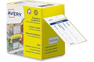 AVERY - 200 Étiquettes Surgelation Traçabilité Pré Imprimées en Rouleau Blanches - Format 65 x 35 mm - Utilisation professionnelle (Restaurant) ou à la Maison