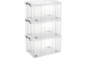 Cetomo 70L*3 Storage Boxes, Stackable Storage Box with Lids, Heavy-Duty Lidded Container with Wheels, Reinforced Corners, Vertical Sides and Clip Closure, Durable, Plastic, Clear, 70L-3Pack