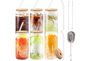 TAVADA Vaso de Cerveza con Tapa y Pajita,Vaso de Vidrio en Forma de Lata,6 Unidades Bubble Tea Taza,550ml,Vaso de Vidrio Reutilizable,Vasos de Soda Para Batidos,Jugo,Boba,Té,Coca