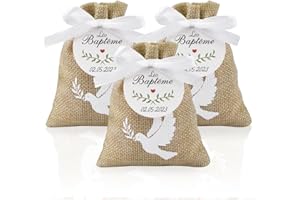 GEBETTER 10Pcs Sachet Jute 10Pcs Etiquette Baptême Pochette Dragée Motif Colombe 10 * 8cm Cadeau Invité Décoration pour Baptême avec Ruban