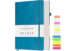 OFFIGIFT Grand carnet ligné, format A5, ligné, 314 pages numérotées avec autocollants, papier épais 100 g/m², couverture rigide, journal en cuir vegan pour femme, homme, école, bureau