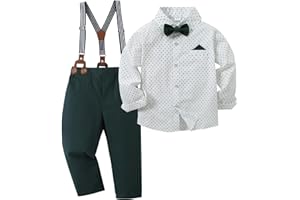 Amissz Garçon Gentleman Vetement Costume, 6-10 Ans Ensemble de Mariage Manches Longues Chemise Noeud Papillon avec Bretelle Pantalon