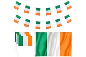 Whaline Ireland Flag Set, 3x5 Foot Large Ireland Irish Flag, 18.7 Feet Irish Banners Bunting Flags and 10 Pieces Small Hand Flag for Ireland National Day, Bars, Party and School Sports Events