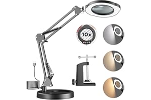 Jubaopen Lente d'ingrandimento con luce a LED - 10 vie, 5 modalità di colore regolabile in modo continuo con clip e braccio girevole regolabile per artigianato e lettura