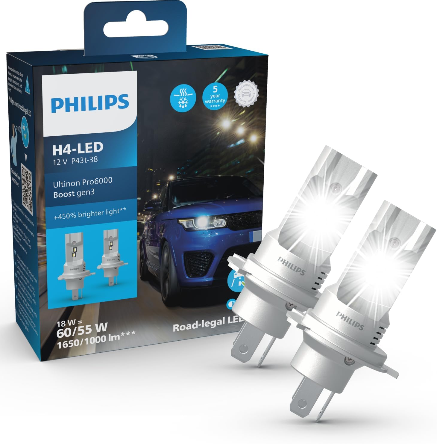 Philips Ultinon Pro6000 Boost gen3 Direct-fit H4-LED, lámpara de faro con homologación para carretera*, +450% de luz más brillante**