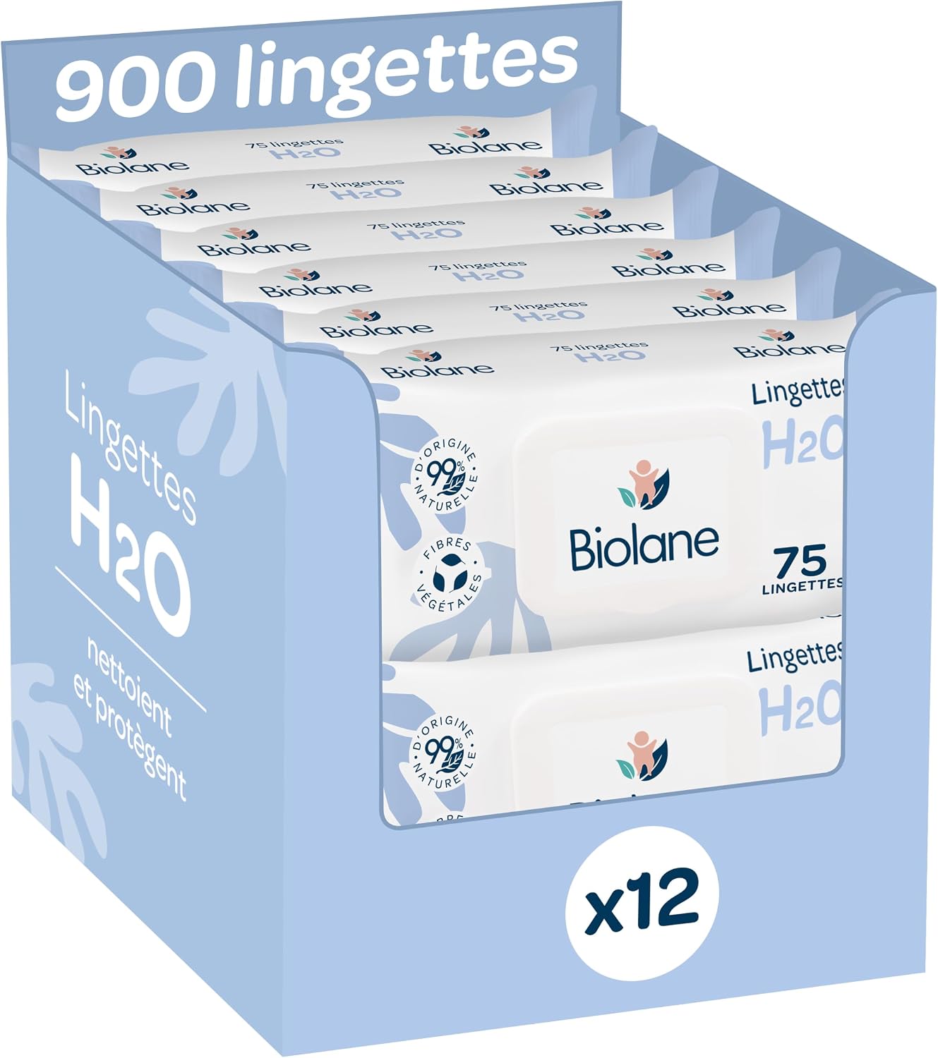 BIOLANE - Lingettes bébé à l'eau - 900 Lingettes - Lot de 12x75 - Nettoyage doux et efficace - Dès la naissance - Qualité Française