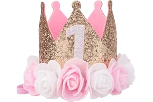 BOXOB Couronne 1er Anniversaire pour Filles, Chapeau de Princesse Pailleté Accessoires Photo Bébé Bandeau pour Smash de Gâteau & Célébration Milestone