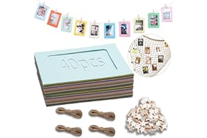 Ziamzra 40 Stück Bunt Fotogirlande 10x15 cm Fotos Aufhängen DIY Kraftpapier Bilderrahmen 40 Stück Kleine Klammern für Fotos Aufhängen 4 Stück Fotoleine für Hochzeit Party Geburtstag Wand Deko