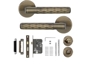 Decoranddecor Tore Lever On Rose Door Handles – Diamond Pattern Antique Brass Handle Set with Bathroom Lock for Toilet & Bathroom Doors