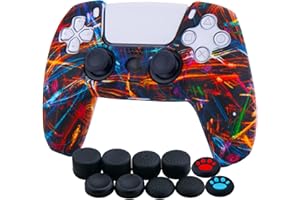 YoRHa Water Transfer Printing Silicone Thickened Cover Skin Case for PlayStation 5 PS5 Controller x 1(Night Beam) with Thumb Grips x 10