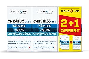 GRANIONS PRO KERACYS 4-EN-1 | Anti-chute Cheveux + Force + Croissance + Brillance | FORMAT 3 MOIS : 2 x 90 Gélules + 90 Gélules OFFERTES | Fabriqué en France