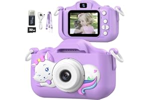 Mgaolo Kids Camera Toys for 3-12 Years Old Children Boys Girls,HD Digital Video Camera with Protective Silicone Cover,Christmas Birthday Gifts with 32GB SD Card (Cat Purple)