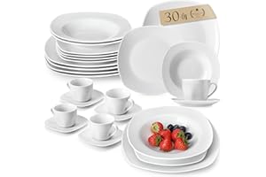‎MALACASA MALACASA, Serie Elisa, Porzellan Tafelservice 30-teilig Kombiservice Rund Geschirrset mit je 6 Kaffeetassen, 6 Untertassen, 6 Dessertteller, 6 Suppenteller und 6 Essteller Frühstückservice, Grauweiß
