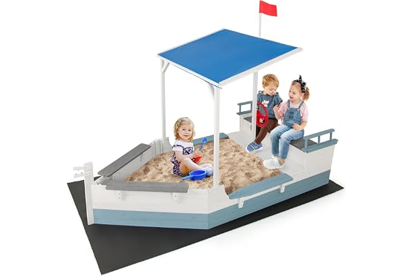 COSTWAY Sandlåda med tak, piratskepp, sandlåda i trä med flaggstång, ratt och sittbänk, utomhussandlåda för barn från 3 år