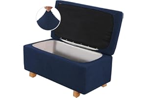 LINGKY 2 Piece Stretch Ottoman Cover Folding Storage Stool Cover Rectangle Foot Rest Slipcover with Elastic Bottom, Checks Spandex Jacquard Fabric (Navy,Large)