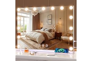 halumao Hollywood Vanity Mirror with Lights, 58 x 48 cm Makeup Mirror with Lights, USB and Type-C Output Ports, 3 Color Modes, Smart Touch Control, Tabletop or Wall Mounted Mirror For Bedroom