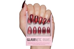 Glamnetic Press On Nails - Ruby Slipper | Deep Red Sparkly Short Almond Fake Nails with a Velvet Finish, Reusable | 15 Sizes - 30 Nail Kit with Glue