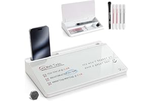 TOWON Small Glass Desktop Whiteboard with Storage – 30 x 17 cm Dry Erase Board for Desk, Home Office, School | Includes 5 Markers, Eraser & Holder | Space-Saving Organizer, Aesthetic White Design
