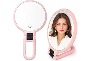 Stianiiie 1X 5X Handheld Mirror with Handle for Travel， Magnifying, Rotation Adjustable Handle, Double Sided Folding, for Women for Eyes Makeup Travel Table Desk Shaving