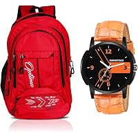 OPTIMA CMB-01 OPTIMA Laptop College School Bag for Boys + Watche Combo (Red +Brown)