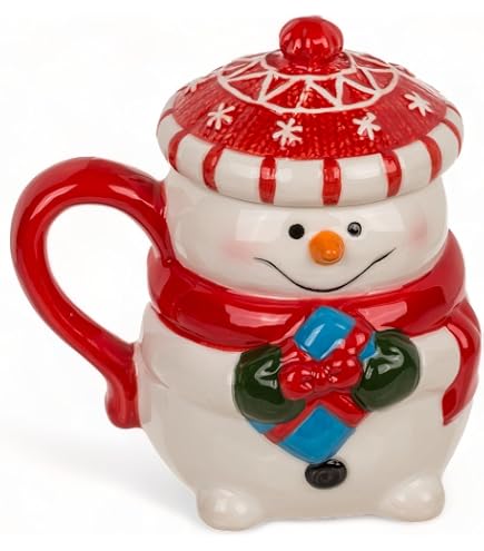 Tazza Natalizia In Ceramica Con Pupazzo Di Neve 3D – 12 Oz (360 Ml), Con Cappello Rosso, Per Caffè E Decorazione