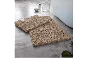 Lions Luxury 2 Piece Loop Bath Mats for Bathroom - Non Slip Chenille Bath Mat Set Rugs, Extra Soft with Water Absorbent Pedestal Bathmat Shower Toilet Mat, Natural