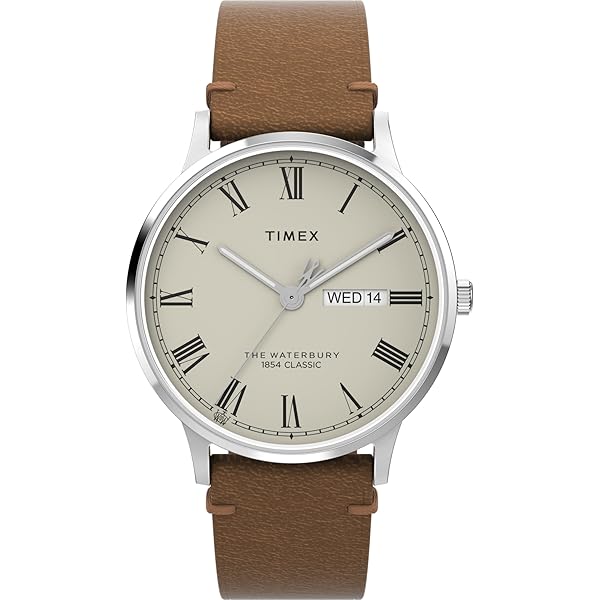 Timex Waterbury Classic Orologio Da Uomo 40mm - Cassa Acciaio, Cinturino Pelle Marrone, Quadrante Bianco Con Numeri Romani, Giorno E Data