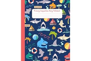 Primary Composition Story Notebook: Draw and Write Journal with Dotted Midline | For a creative way to teach handwriting to young learners | K-2 and 3 | Shark Attack Beach Day