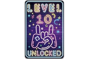 Sinekong Plaque Métal Néon Level 10 Unlocked, Cadeau 10 Ans Anniversaire Garçon, Idée de Cadeau pour Les Gamers pour la Maison Mur Art Chambre Vintage Rétro Affiche Plaque 20 x 30 cm