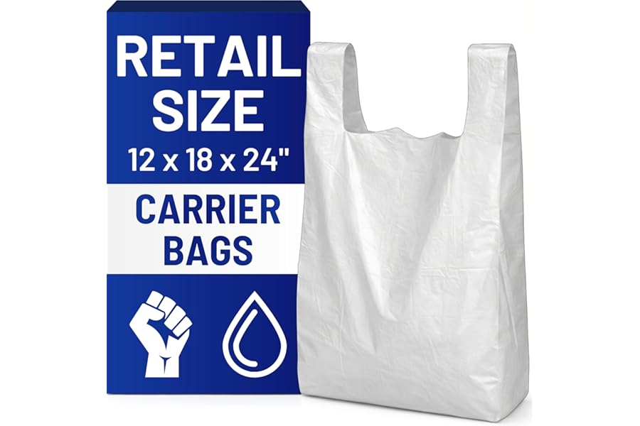 PWgoods Plastic Carrier Bags White - Standard Retail Size 12x18x24, 100 Pack, Medium Duty Large Carrier Bag with Handles, Groceries Retail Shopping Takeaway Bin