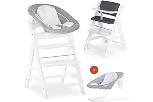 hauck Seggiolone Pappa Alpha Plus Newborn - Sediolone Pappa Bimbi con Sdraietta Neonati Dondolo e Cuscino - Seggiolone Evolutivo Legno - Classic, Bianco