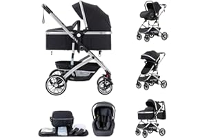 Kakbgee 3 in 1 Baby Stroller, Pushchair One-Click Folding, City Pram Travel System, Baby Buggy, Carrycot & Car Seat Unit with Mosquito Net, High Landscape Stroller for Newborn 0-4Years, Black