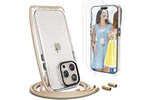 UYMO Funda con Cuerda para iPhone 15 Pro 6,1", Ajustable Collar Correa de Carcasa con Cordón, con 2 Protector de Pantalla,Case con Colgante Correa de Cuello Cadena, Oro