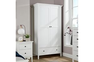 Home Source Bedroom 2 Door 1 Drawer Wardrobe, Clothes Hanging Rail, Storage Shelf, White
