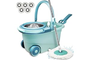 IBK Lavapavimenti Mop Rotante, Roto Mocio in Microfibra con strizzatura automatica a centrifuga 360° secchio strizzatore flessibile, 5 Testine Sostitutive, Dispenser per detergente (Blu)