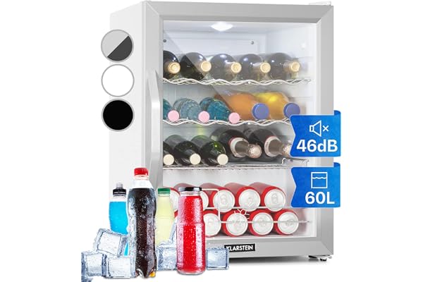 KLARSTEIN Mini Frigo de Chambre et Bureau pour Boisson, Silencieux, Refrigerateur Bar 60L, Pour Camping, Étagères Réglables, Ondulés pour le Vin, Cannette, Beer Fridge