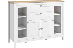 HOMCOM Aparador de Cocina con Armario 2 Cajones 2 Puertas de Vidrio y Estantes Ajustables Muebles Auxiliar de Almacenaje para Comedor Salón 120x40x90 cm Blanco