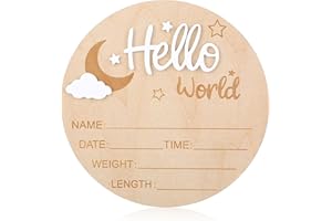 Nogeqi Weiß Meilensteinkarten Baby Holz, Hallo Welt Baby Schild Ankündigungsschilder Hello World Holzschild Willkommensschild für Neugeborene Runde Holz Geburtsanzeige für Schwangere Werdende Eltern