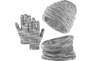 BAYNETIN Set Invernale Bambini 3 Pezzi: Cappello di Maglia, Sciarpa e Guanti Touchscreen - Berretto con Fodera in Pile Caldo per Ragazze e Ragazzi 5-12 Anni