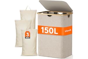 Lifewit 150L Panier à Linge avec 3 Compartiments et 3 Sacs à Linge, Grande Corbeille à Linge Pliable en Bambou avec Couvercle pour Chambre, Salle de Bain, Buanderie, Beige